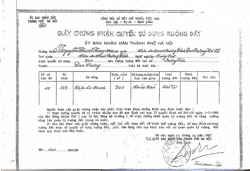 Giấy chứng nhận ruộng số: 1366/GCN/RĐ do UBND TP Hà Nội cấp cho cụ Nguyễn Thanh Tùng.