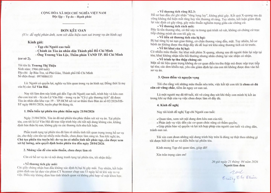Đơn của bà Trương Thị Thiệu gửi Tạp chí Người cao tuổi 