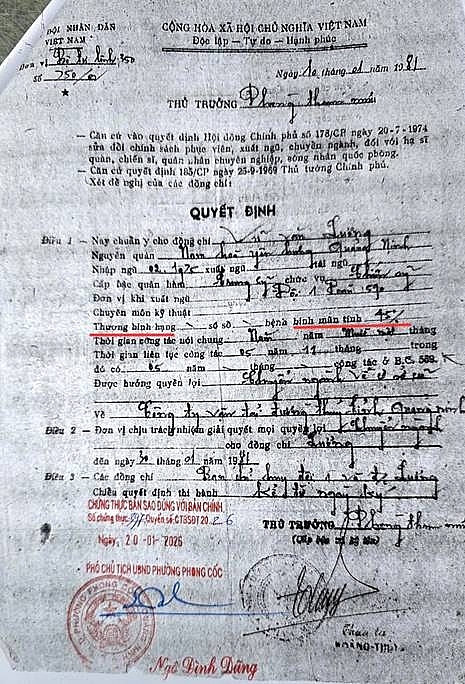 Quyết định số 750 của Bộ Tư lệnh 350 ngày 10/1/1981 ghi rõ: ông Vũ Văn Lương, bệnh binh mãn tính, tổn hại sức khỏe 45%.
