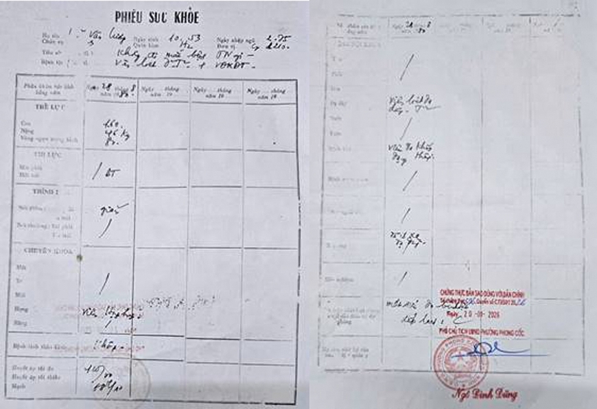 Phiếu sức khỏe của ông Vũ Văn Lương, ngày 28/8/1980 đã ghi: Mất sức do bệnh tật, xếp loại C.