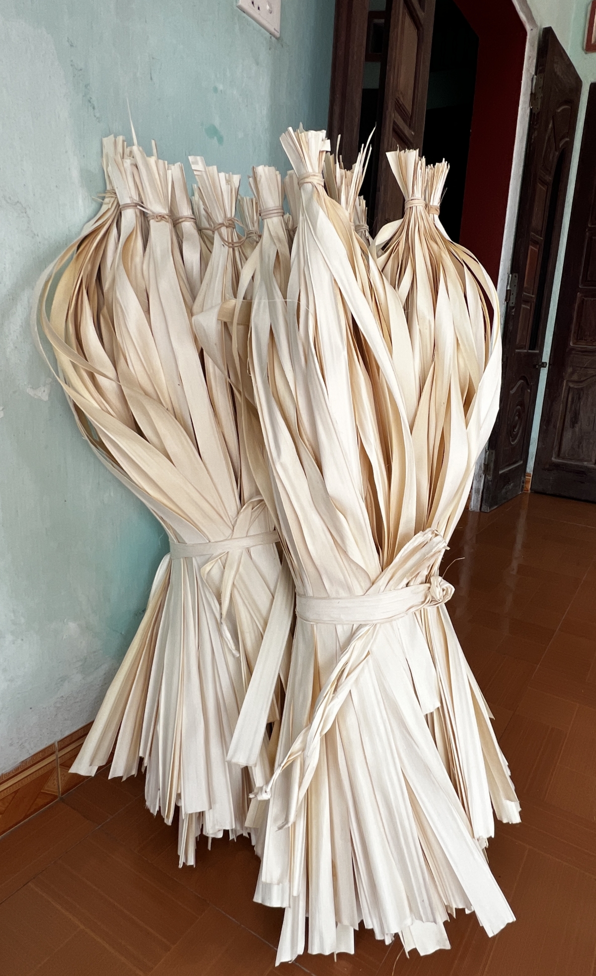 Nguyên liệu làm nón lá hiện nay là lá dừa nước nhập từ các tỉnh phía nam và từ Campuchia