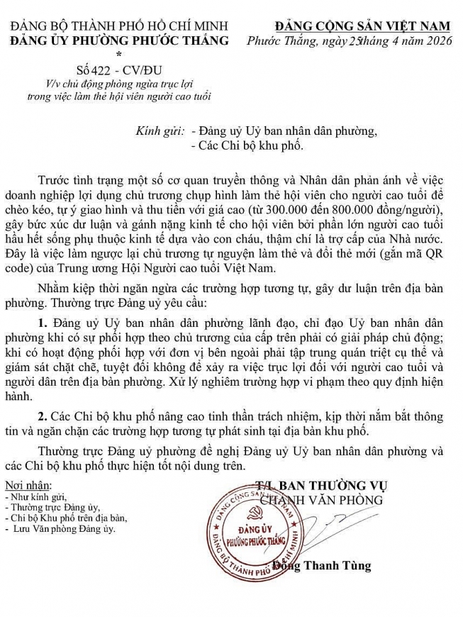 Văn bản của Phường Phước Thắng ngăn chặn trục lợi thẻ hội viên người cao tuổi nhằm bảo vệ quyền lợi người dân.