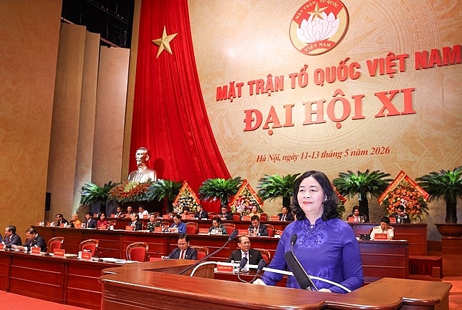 Đồng chí Bùi Thị Minh Hoài, Ủy viên Bộ Chính trị, Bí thư Trung ương Đảng, Bí thư Đảng ủy MTTQ, các đoàn thể Trung ương, Chủ tịch Ủy ban Trung ương MTTQ Việt Nam khóa XI phát biểu nhận nhiệm vụ -Ảnh: VGP/Toàn Thắng