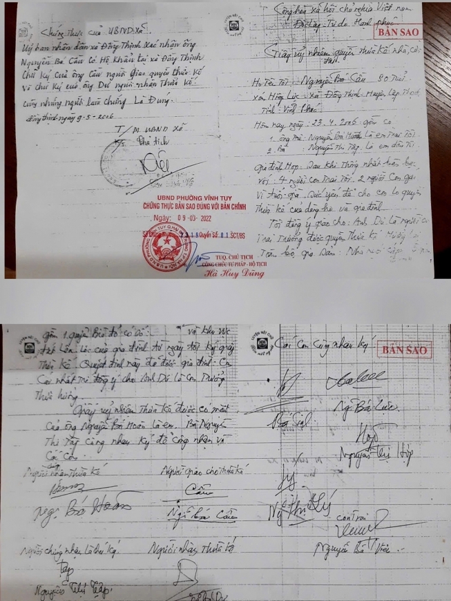 Bà Huệ ý kiến Văn bản uỷ nhiệm của các cụ di nguyện, các anh em đã ký thống nhất nhưng nay lại tự ý thay đổi là trái tình, trái pháp luật.