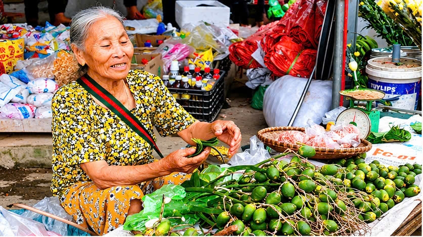 Những buồng cau tươi được các bà hái từ vườn mang ra chợ bán