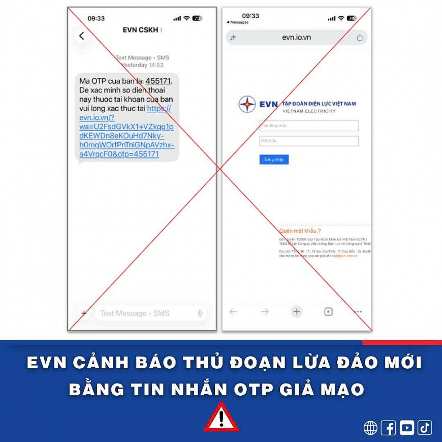 Thủ đoạn lừa đảo mới bằng tin nhắn OTP giả mạo EVN.