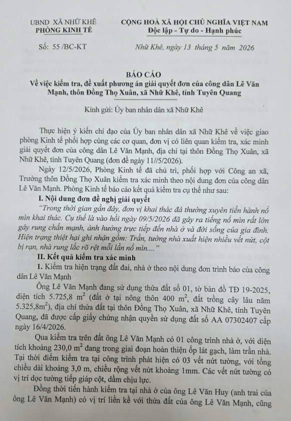 Báo cáo số: 55/BC-KT ngày 13/5/2026 của Phòng Kinh tế xã Nhữ Khê. Báo cáo số: 55/BC-KT ngày 13/5/2026 của Phòng Kinh tế xã Nhữ Khê.