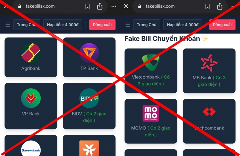 Người dân cần cẩn trọng trong các giao dịch khi những đối tượng lừa đảo có thể mua hóa đơn chuyển khoản giả của rất nhiều ngân hàng thông qua website fakebillsx.com.
