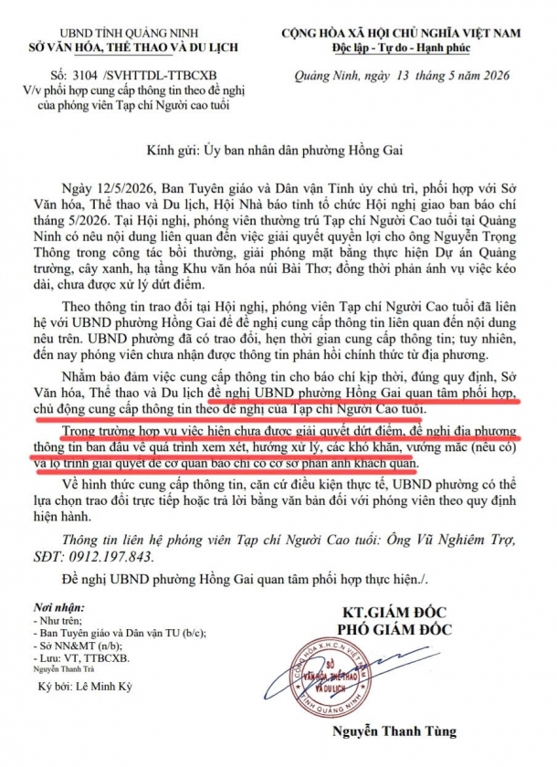Công văn của Sở Văn hóa thể thao và Du lịch gửi UBND phường Hồng Gai. Công văn của Sở Văn hóa thể thao và Du lịch gửi UBND phường Hồng Gai.