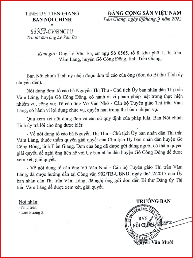 : Công văn số 959-CV/BNCTU ngày 09/9/2022 của Ban Nội chính Tỉnh ủy Tiền Giang. ông Lê Văn Ba