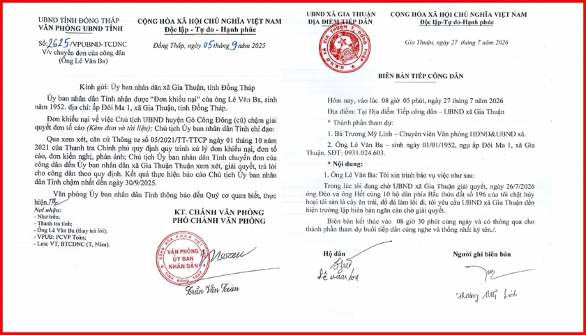 Biên bản tiếp công dân ngày 26/7/2026 của UBND xã Gia Thuận và Văn bản số 2625/VPUBND-TCDNC ngày 05/9/2025 của Văn phòng UBND tỉnh Đồng Tháp chuyển đơn của ông Lê Văn Ba đến UBND xã Gia Thuận. ông Lê Văn Ba