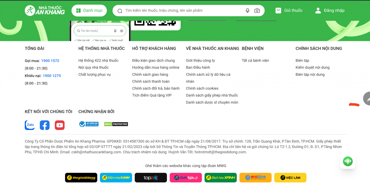 Ảnh chụp màn hình từ website nhathuocankhang.com cho thấy Công ty Cổ phần Dược phẩm An Khang Pharma thuộc Tập đoàn MWG Ảnh chụp màn hình từ website nhathuocankhang.com cho thấy Công ty Cổ phần Dược phẩm An Khang Pharma thuộc Tập đoàn MWG