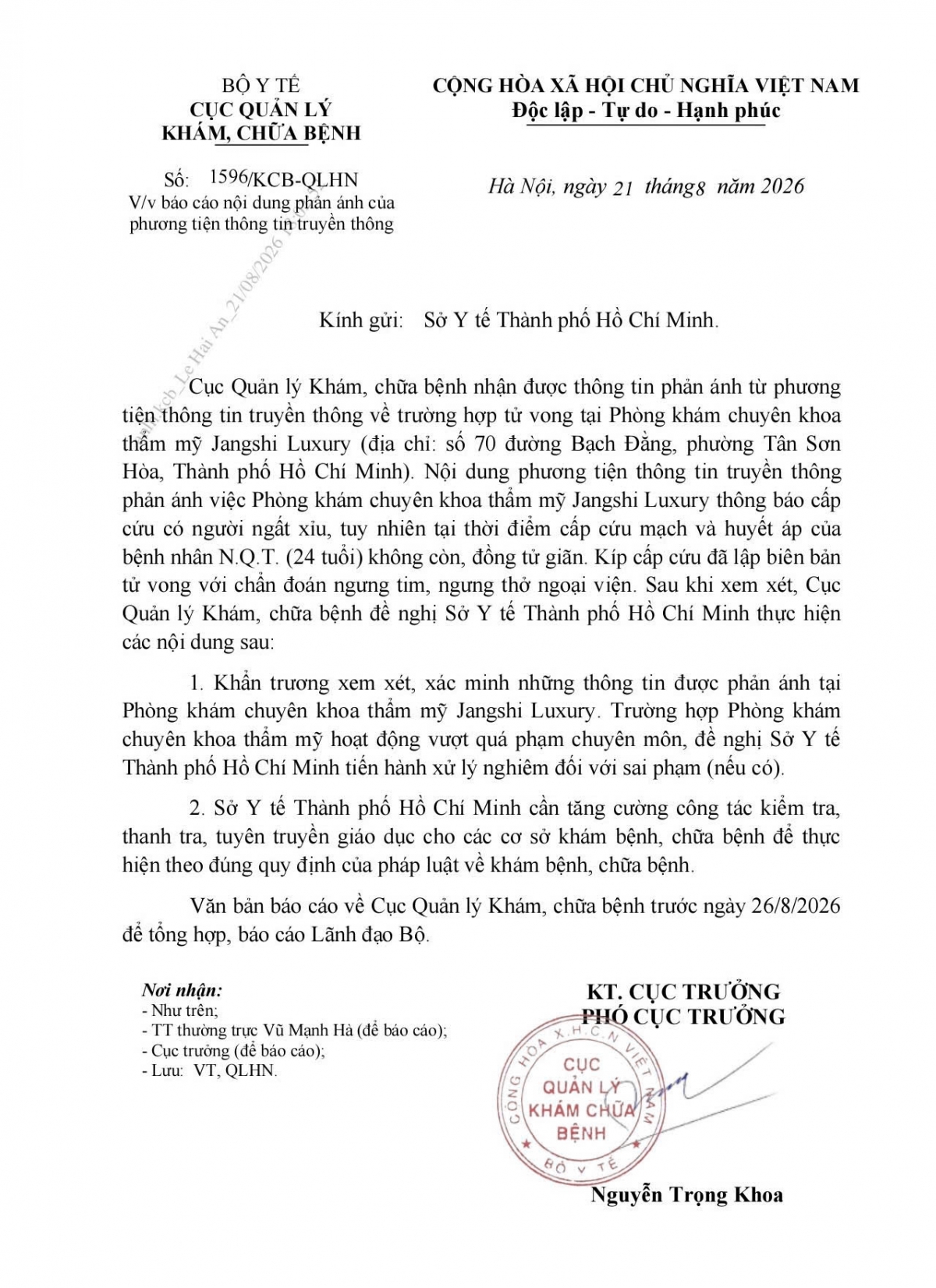Cục Quản lý Khám, chữa bệnh yêu cầu Sở Y tế Thành phố Hồ Chí Minh xác minh vụ tử vong tại Jangshi Luxury Cục Quản lý Khám, chữa bệnh yêu cầu Sở Y tế Thành phố Hồ Chí Minh xác minh vụ tử vong tại Jangshi Luxury