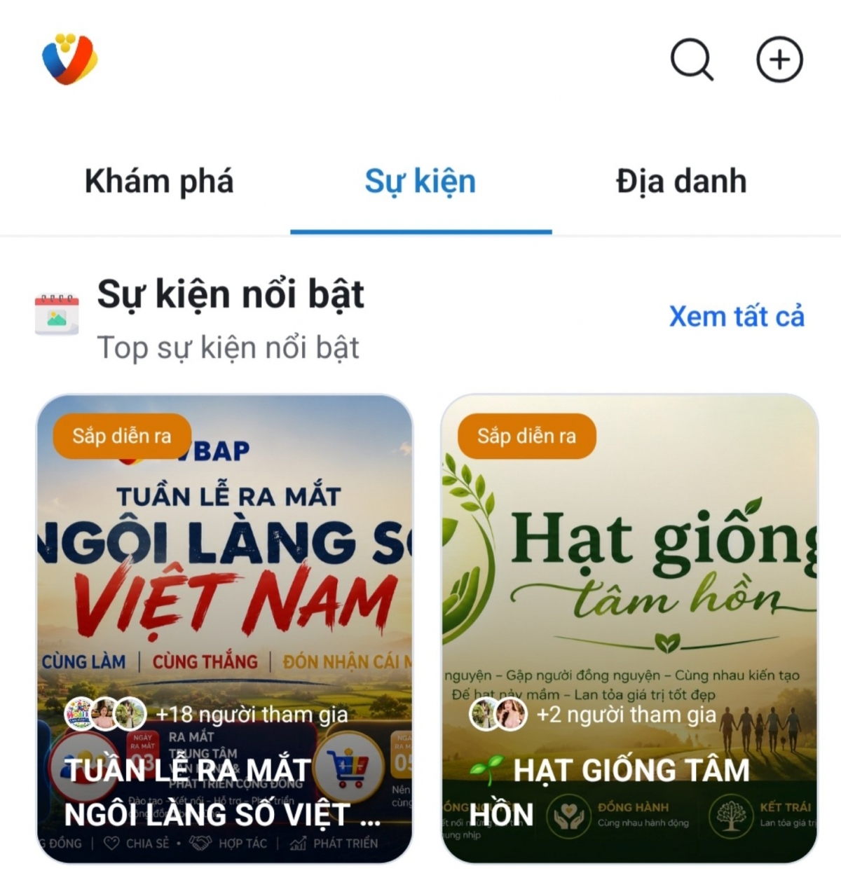 Giao diện Sự kiện cộng đồng trên ứng dụng cộng đồng VBAP.