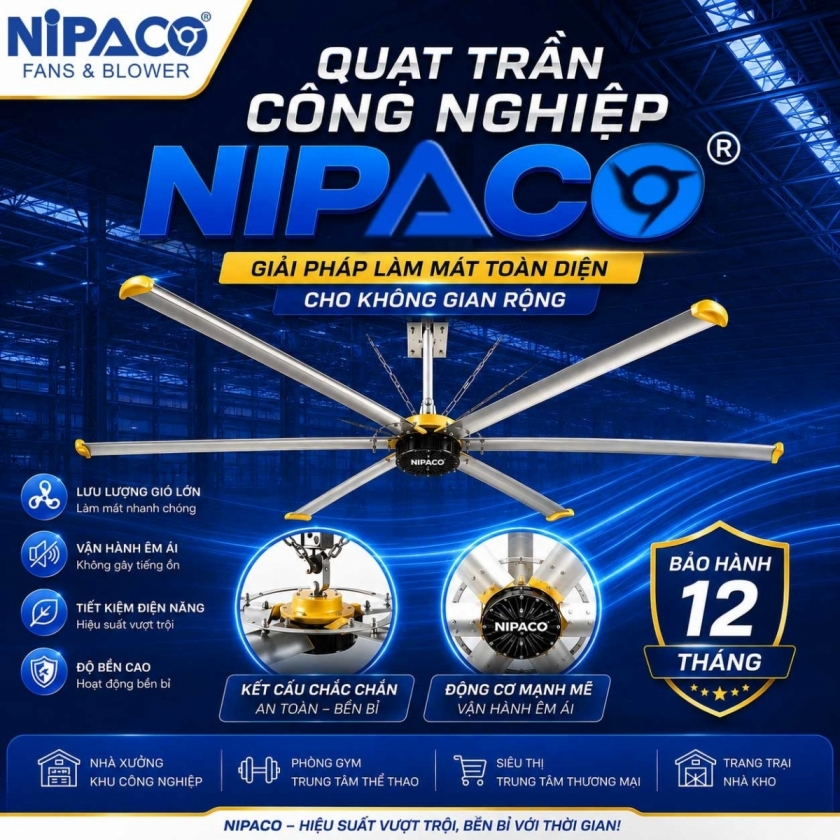 Quạt trần công nghiệp HVLS Nipaco Nghĩa Phát: Đột phá làm mát không gian rộng, tối ưu chi phí vận hành Quạt trần công nghiệp HVLS Nipaco Nghĩa Phát: Đột phá làm mát không gian rộng, tối ưu chi phí vận hành