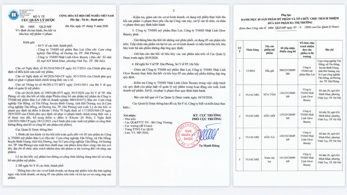Cục Quản lý Dược yêu cầu đình chỉ lưu hành, thu hồi và tiêu hủy toàn quốc 5 sản phẩm mỹ phẩm do Công ty TNHH Mỹ phẩm Bảo Lợi sản xuất vì công thức không đúng hồ sơ công bố