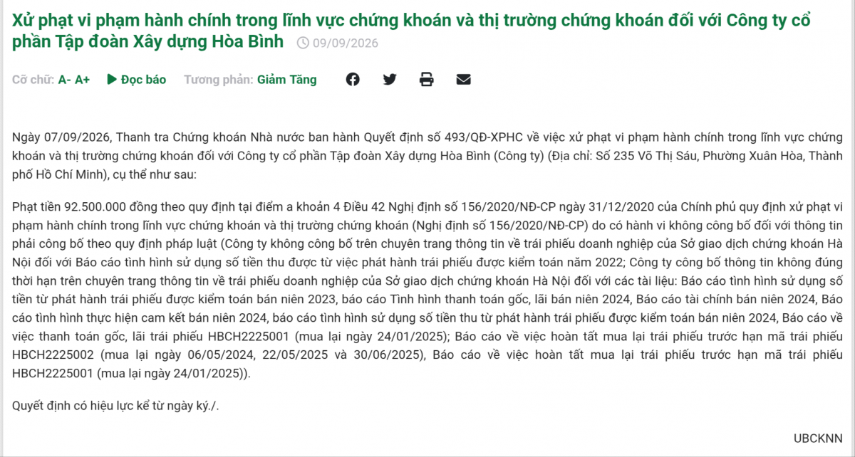 Tập đoàn Xây dựng Hòa Bình bị phạt 92,5 triệu đồng, chậm đóng BHXH hơn 60 tỷ đồng Tập đoàn Xây dựng Hòa Bình bị phạt 92,5 triệu đồng, chậm đóng BHXH hơn 60 tỷ đồng