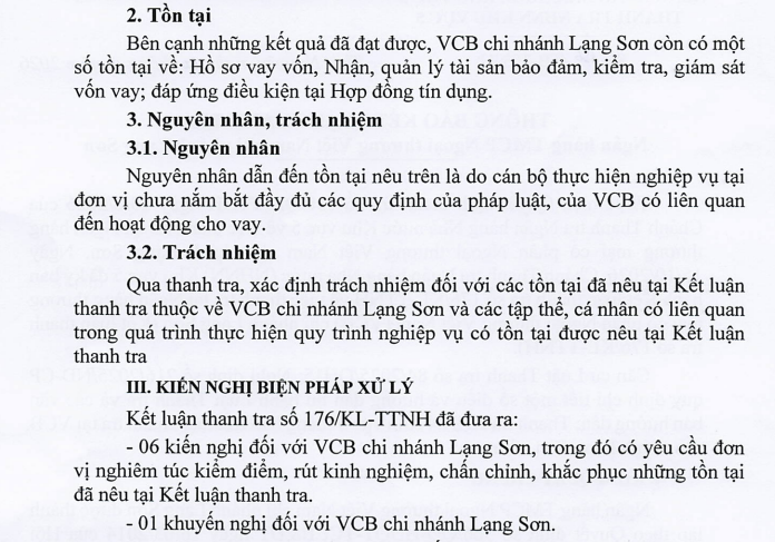 Kết luận thanh tra: Cán bộ nghiệp vụ Vietcombank chi nhánh Lạng Sơn chưa nắm bắt đầy đủ quy định pháp luật Kết luận thanh tra: Cán bộ nghiệp vụ Vietcombank chi nhánh Lạng Sơn chưa nắm bắt đầy đủ quy định pháp luật