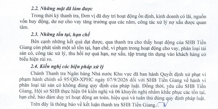 SHB Tiền Giang bị xử phạt vì phân loại tài sản có không đúng quy định của pháp luật SHB Tiền Giang bị xử phạt vì phân loại tài sản có không đúng quy định của pháp luật