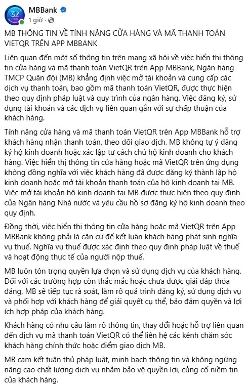 MB thông báo chính thức trên fanpage. Ảnh: Chụp màn hình.