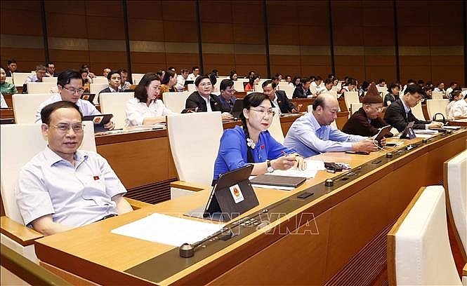 Đoàn đại biểu Quốc hội tỉnh Quảng Ninh và Long An dự phiên họp. Ảnh: Doãn Tấn/TTXVN