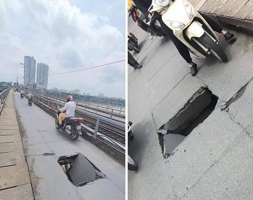 Hình ảnh tấm đan tại mặt cầu Long Biên bị sụt xuống, nhìn thấy cả mặt sông. Ảnh: NN