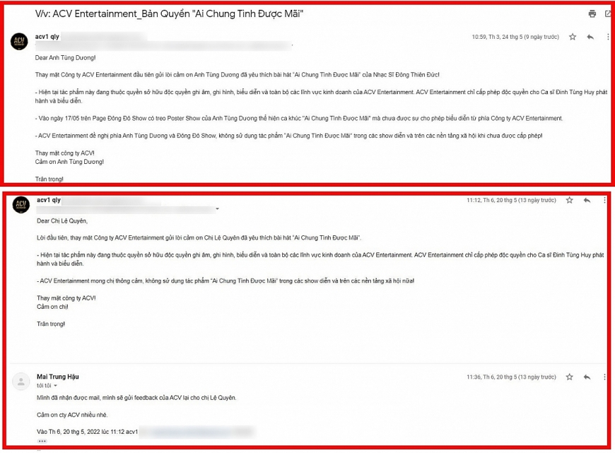 ACV Entertaiment đưa ra bằng chứng đã liên hệ với các nghệ sĩ sử dụng ca khúc “Ai chung tình được mãi”