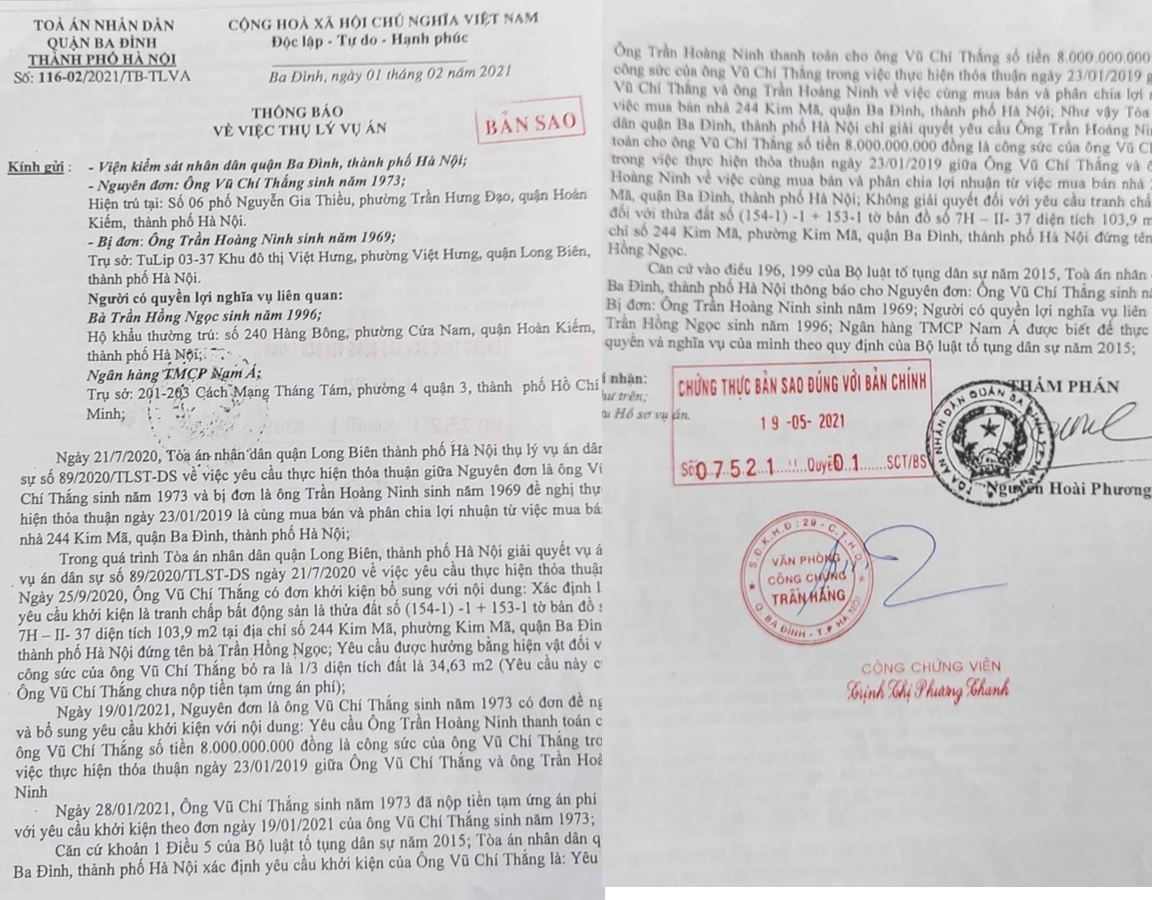 Thông báo thụ lí vụ án số 116-02/2021/TB-TLVA, khẳng định chỉ giải quyết việc ông Thắng đòi ông Ninh 8 tỉ đồng