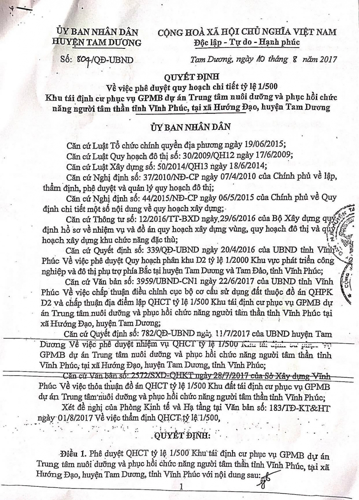 Quyết định số 804/QĐ-UBND về việc phê duyệt quy hoạch chi tiết tỉ lệ 1/500 Khu tái định cư… 