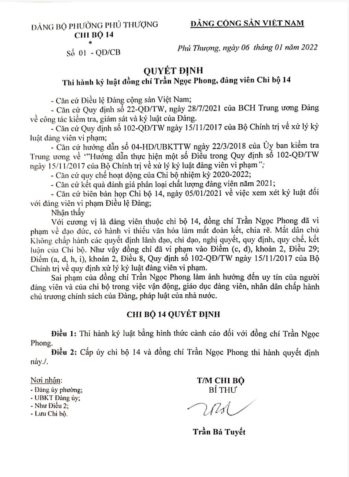 Ngày 6/1/2022, Chi bộ 14 Đảng bộ phường Phú Thượng có Quyết định số 01-QĐ/CB thi hành kỉ luật ông Trần Ngọc Phong