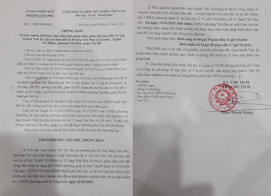 Thông báo cưỡng chế của UBND phường Yên Phụ