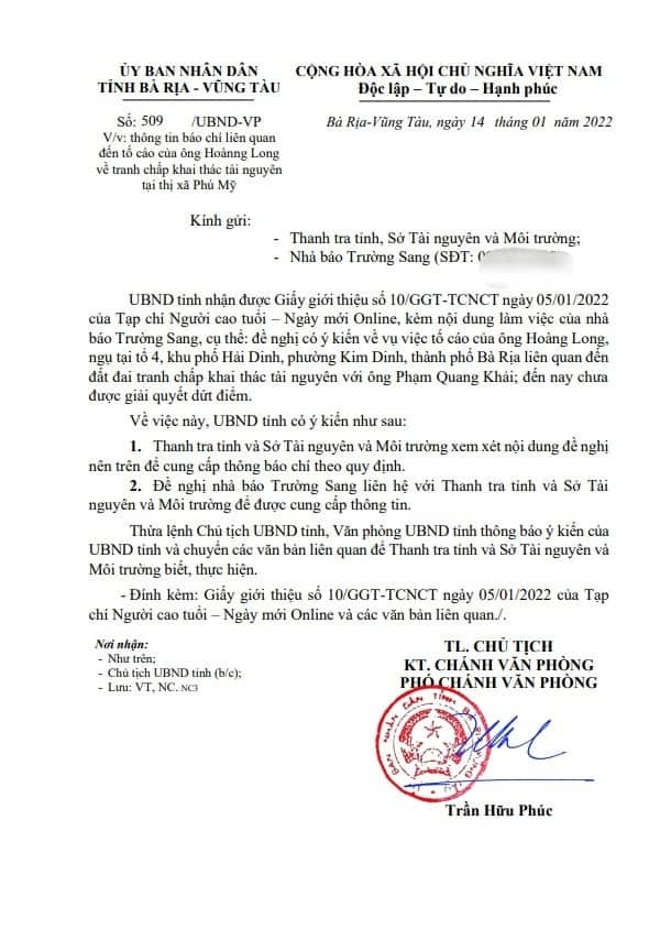 Văn bản ý kiến chỉ đạo của UBND tỉnh Bà Rịa – Vũng Tàu
