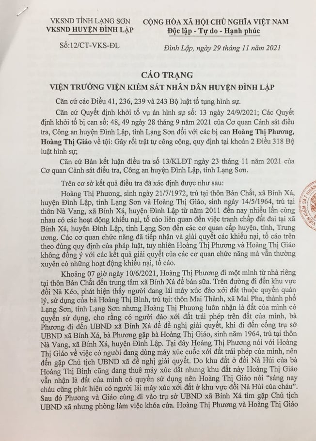 Cáo trạng số 12/CT-VKS-ĐL ngày 29/11/2021 của Viện KSND huyện Đình Lập 