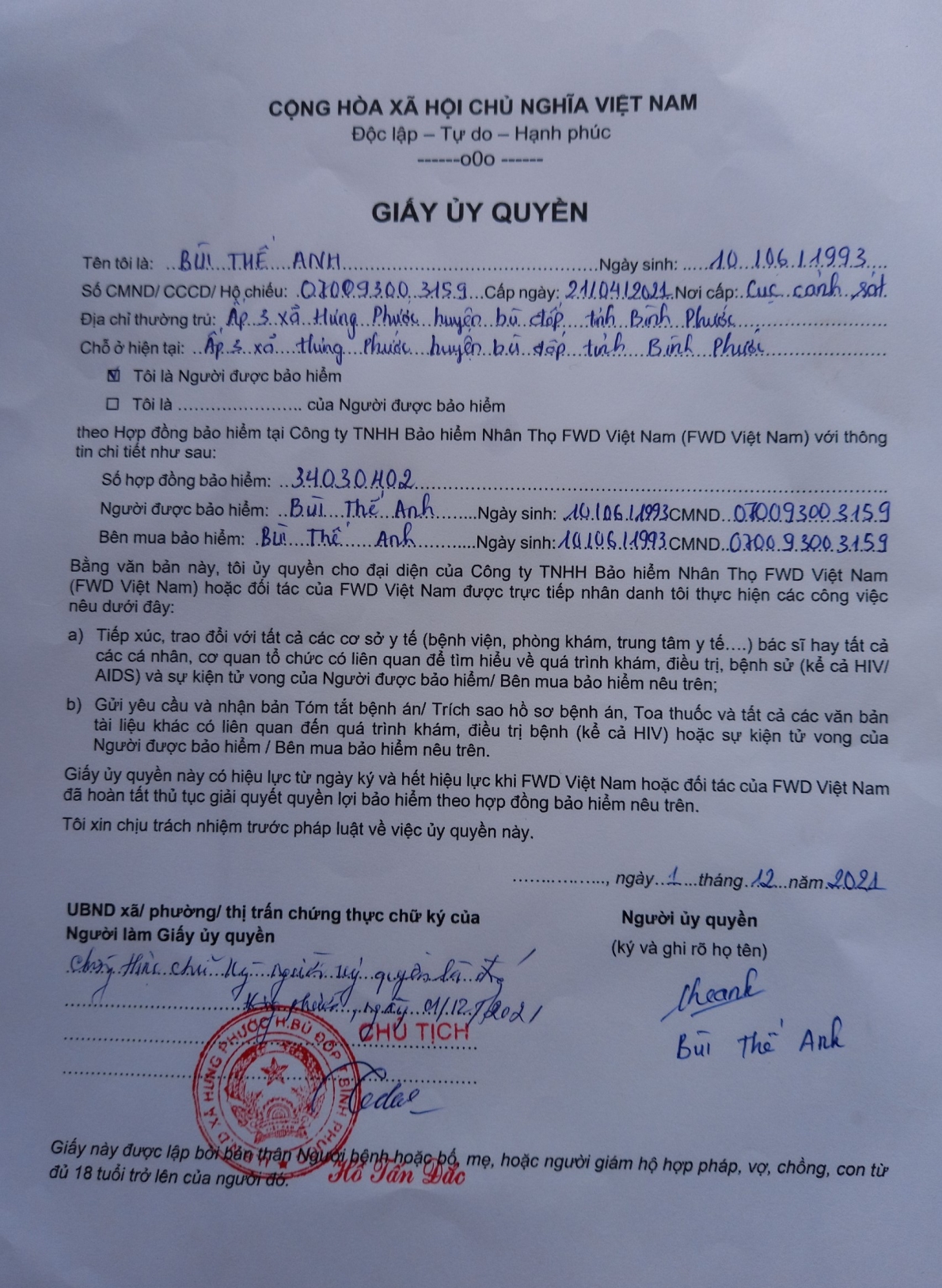 Giấy ủy quyền, anh Thế Anh ủy quyền cho đại diện FWD Việt Nam làm việc với các cơ sở y tế