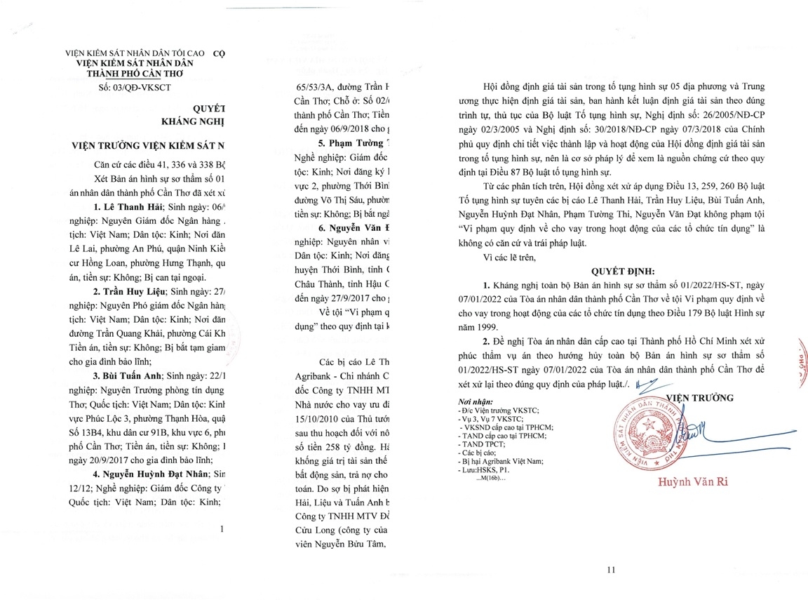 Quyết định kháng nghị của Viện KSND TP Cần Thơ