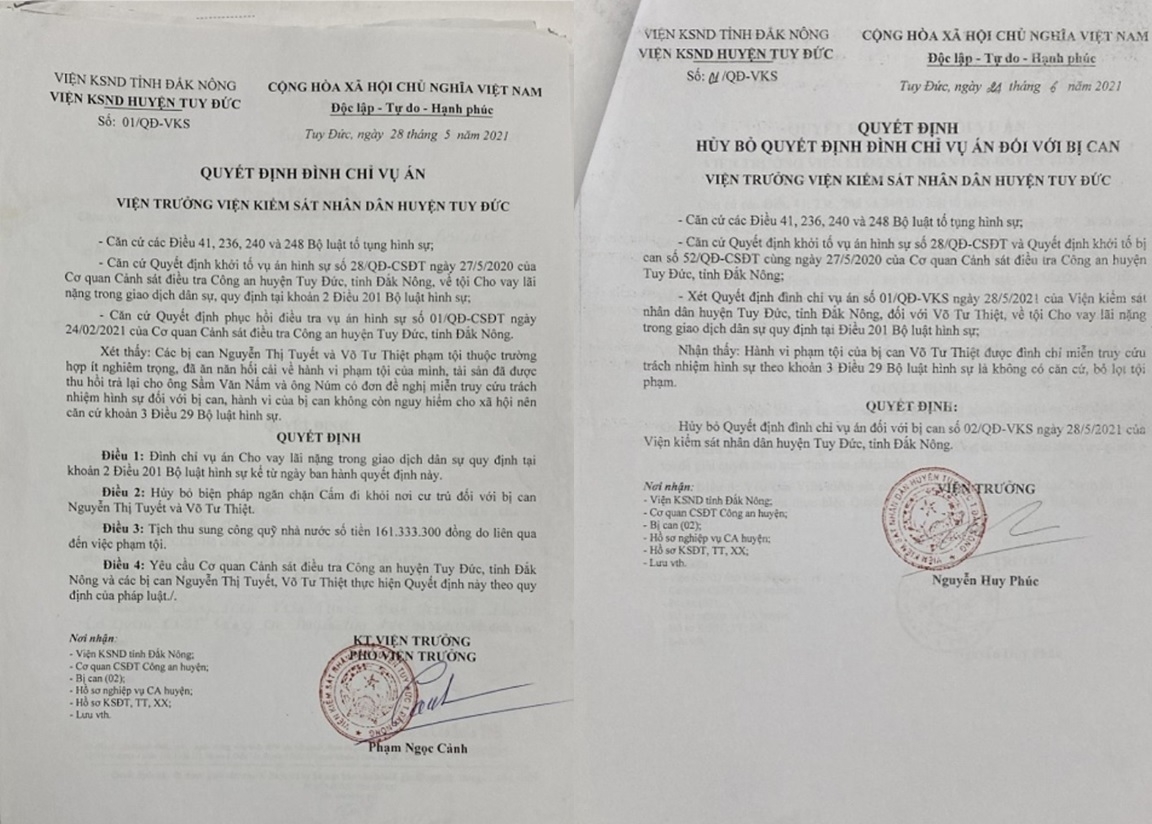 Quyết định đình chỉ vụ án và quyết định hủy bỏ đình chỉ vụ án của Viện KSND huyện Tuy Đức
