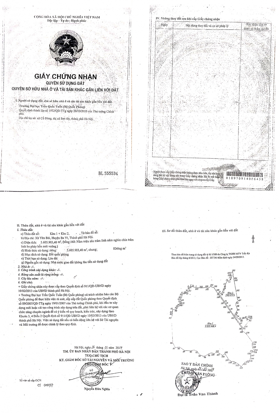 Giấy chứng nhận quyền sử dụng đất, quyền sở hữu nhà ở và tài sản khác gắn liền với đất, do Sở Tài nguyên và Môi trường TP Hà Nội cấp cho Trường Đại học Trần Quốc Tuấn