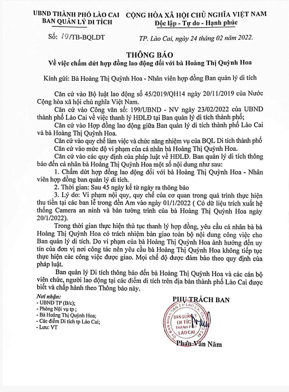 Thông báo số 09/TB-BQLDT, về việc chấm dứt hợp đồng lao động với bà Hoa