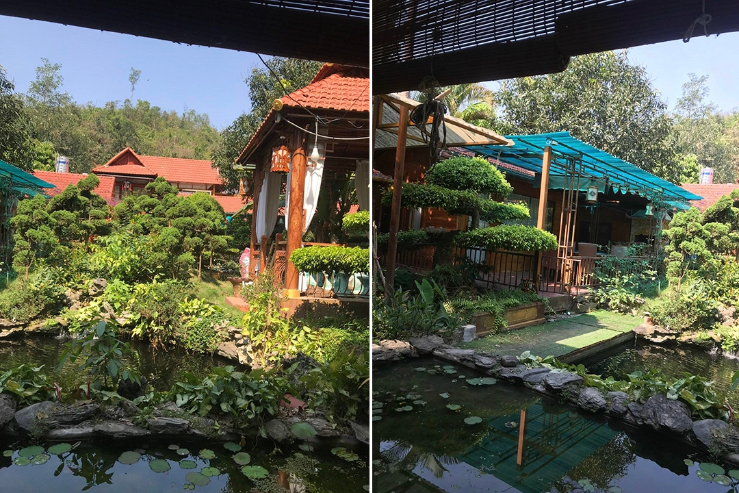 Dãy nhà ngói đỏ được xây dựng khang trang bằng xi măng, gỗ, hòn non bộ, bể cá không được ghi nhận