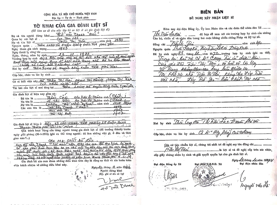 Tờ khai của gia đình liệt sĩ và Biên bản đề nghị xét nhận liệt sĩ của chính quyền thị trấn La Hai