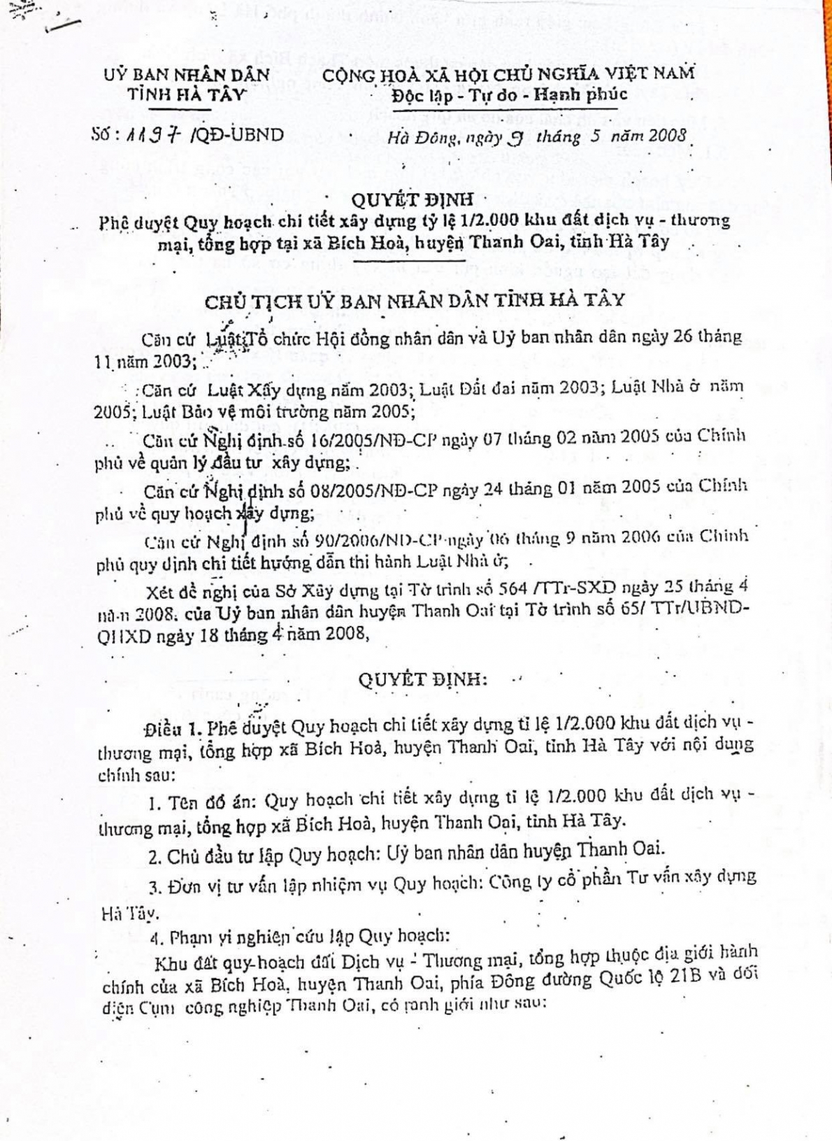 Quyết định số 1197/QĐ-UBND ngày 9/5/2008, của UBND tỉnh Hà Tây (cũ)