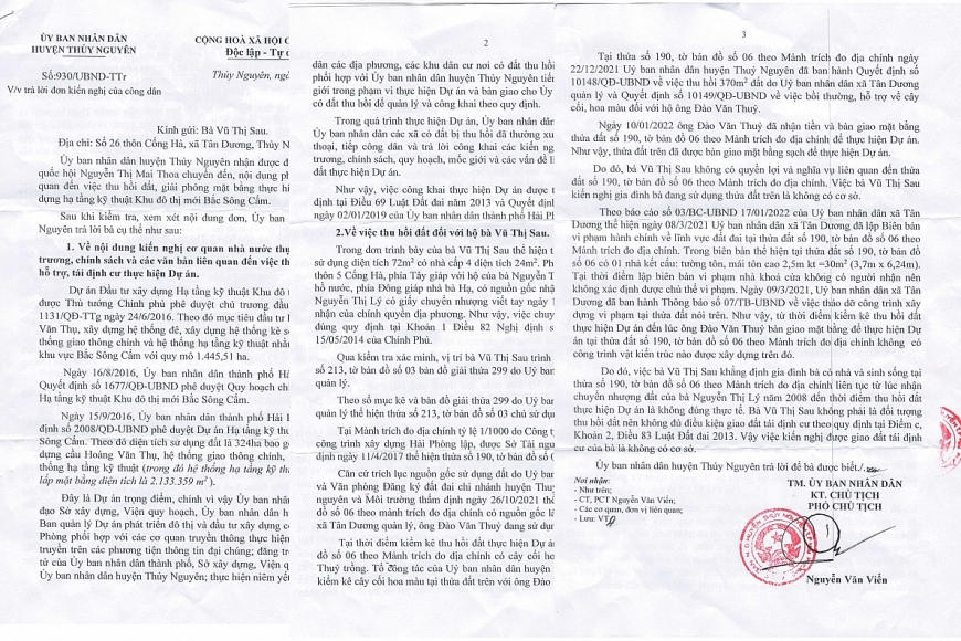 Văn bản số 930/UBND-TTr của UBND huyện Thủy Nguyên trả lời bà Vũ Thị Sau, với những tình tiết vô lí đến khó tin