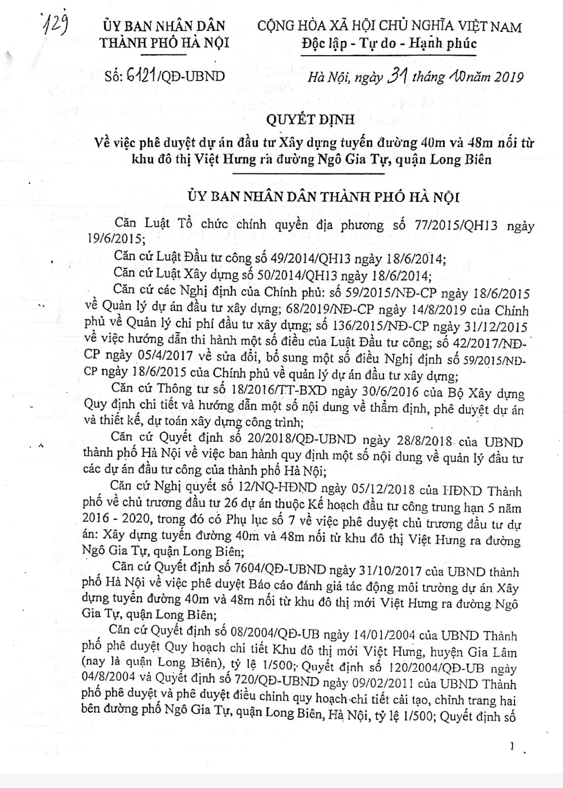 Quyết định số 6121/QĐ-UBND ngày 31/10/2019 về việc phê duyệt dự án đầu tư Xây dựng tuyến đường 40m và 48m nối từ khu đô thị Việt Hưng ra đường Ngô Gia Tự, quận Long Biên