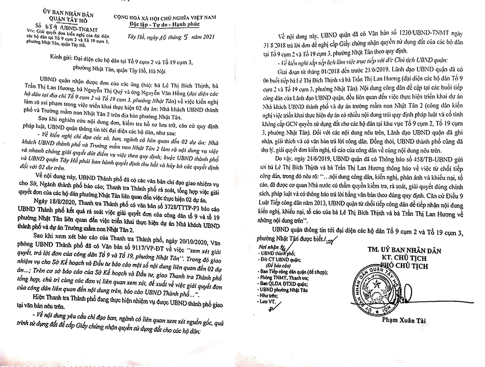 Văn bản trả lời dân của UBND quận Tây Hồ