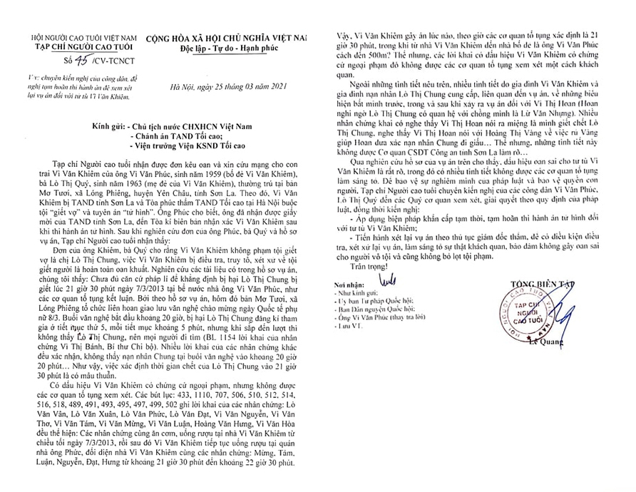 Công văn số 45/CV-TCNCT ngày 25/3/2021 của Tạp chí Người cao tuổi, kiến nghị tạm dừng thi hành án và xét xử lại vụ án
