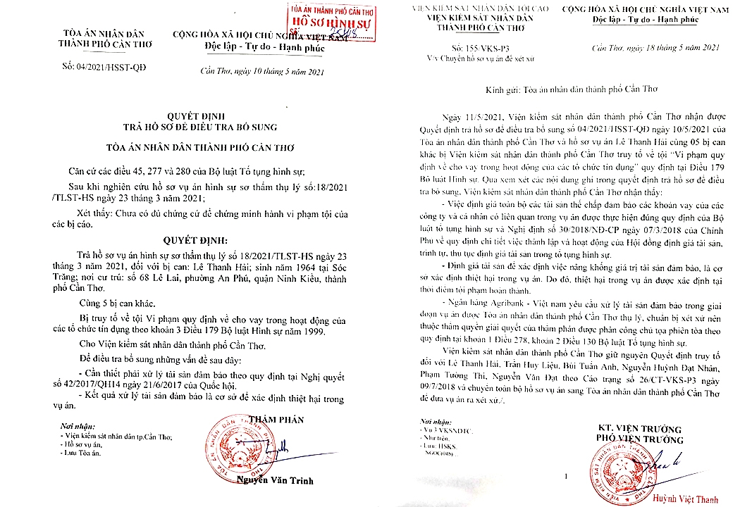 Quyết định trả hồ sơ để điều tra bổ sung của TAND TP Cần Thơ và văn bản trả lời của Viện KSND TP Cần Thơ