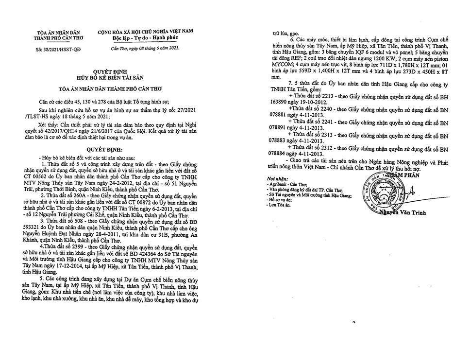 Quyết định hủy bỏ kê biên tài sản số 38/2021/HSST-QĐ của TAND TP Cần Thơ, do thẩm phán Nguyễn Văn Trinh kí ban hành