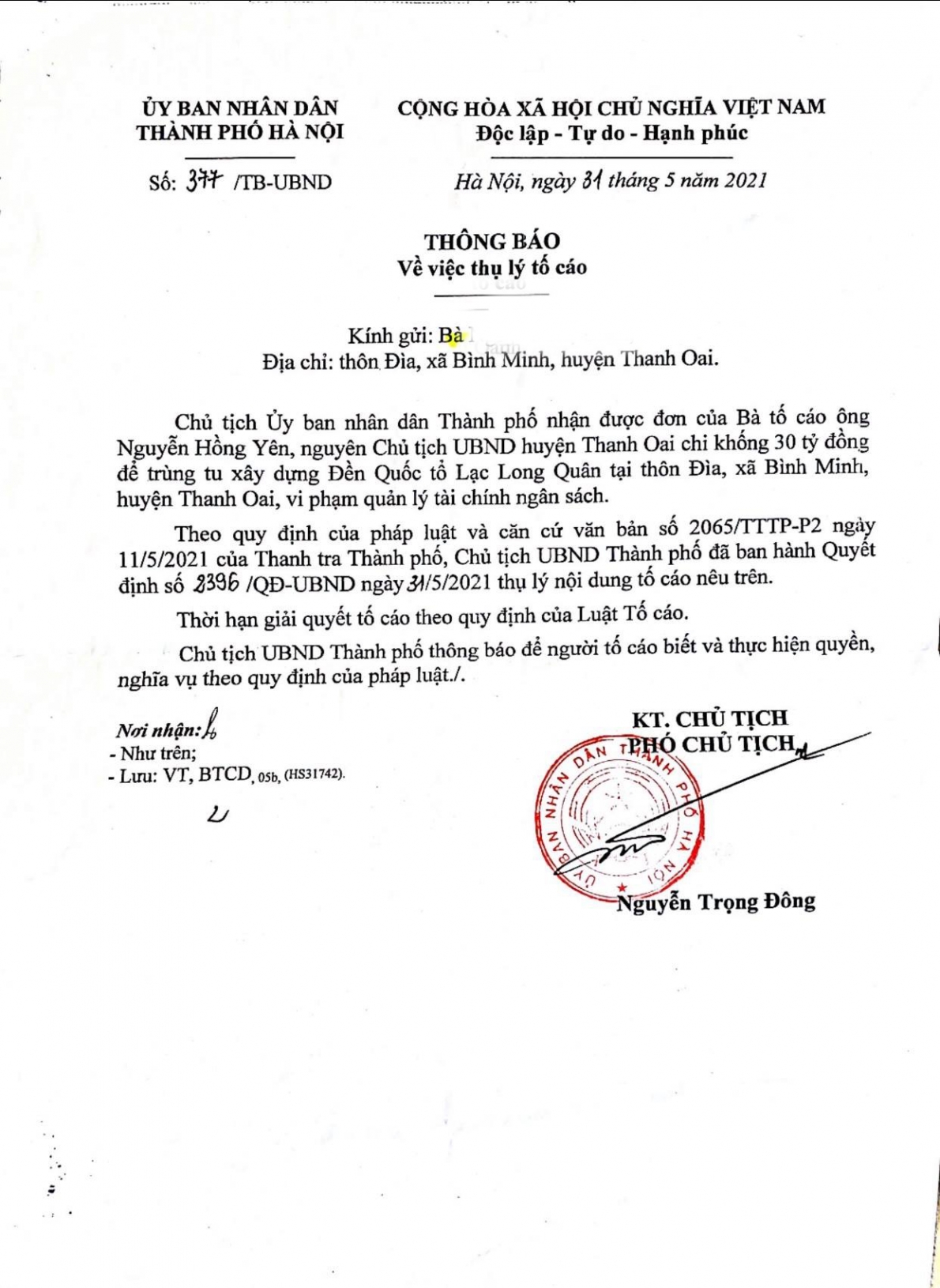 Thông báo số 377/TB-UBND, về việc thụ lí đơn tố cáo của công dân