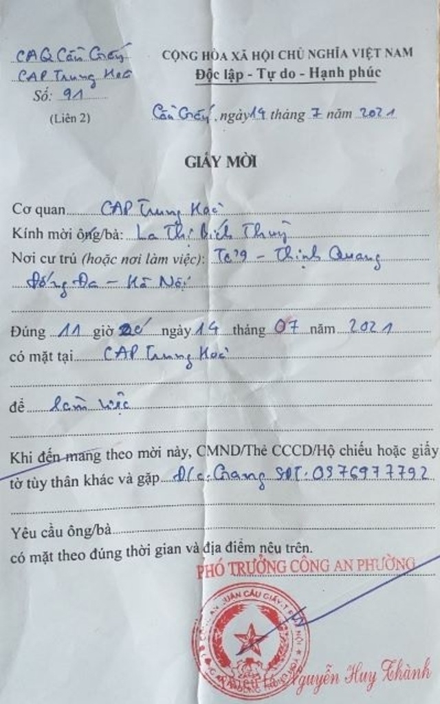 Giấy mời làm việc sau 16 phút của Công an phường Trung Hòa