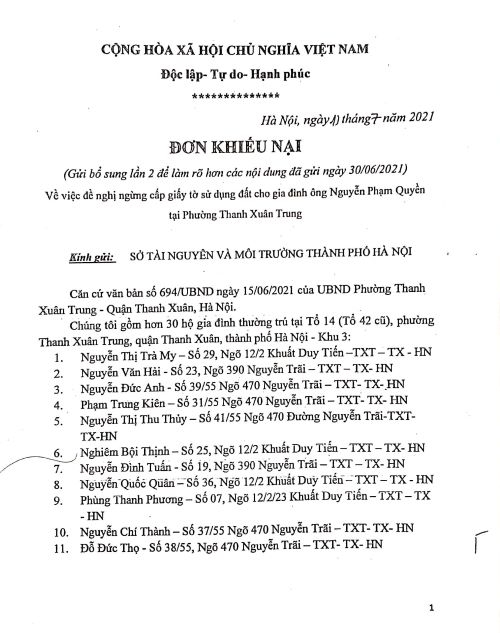 Đơn khiếu nại ngày 13/7/2021 của 34 hộ dân tổ 14, khu 3, phường Thanh Xuân Trung